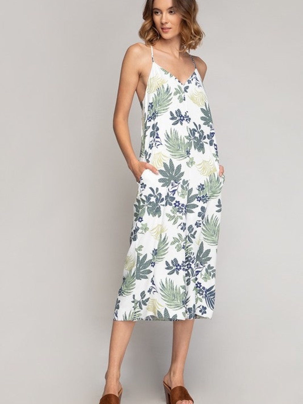 Jumpsuit with Green & Navy Leaf Print